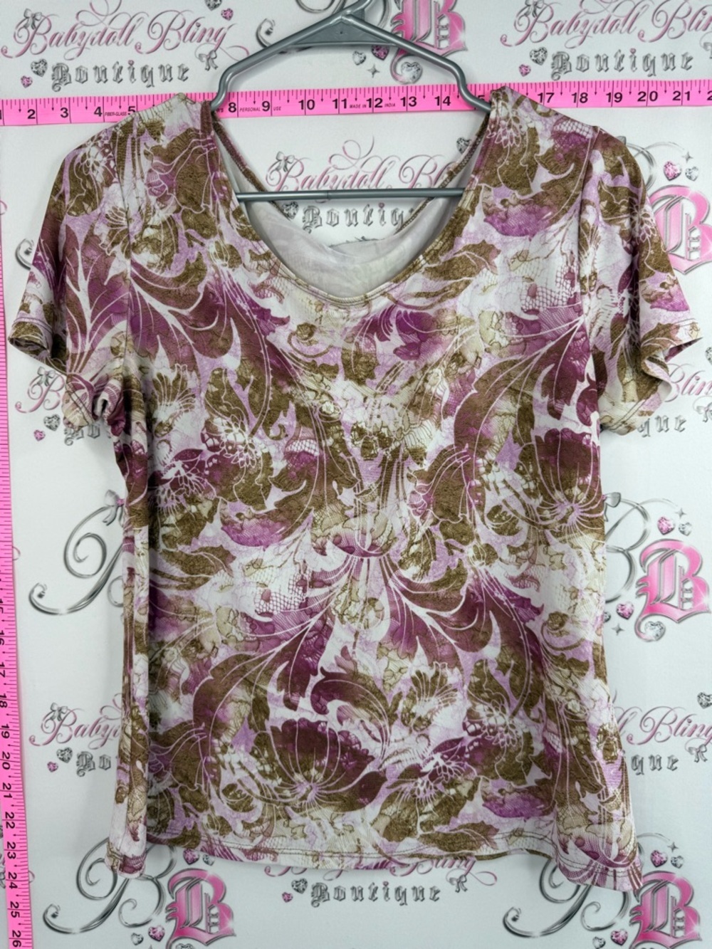 T-shirt flowers Women’s Short Sleeve V-Neck Floral Print Top - Pink & Brown